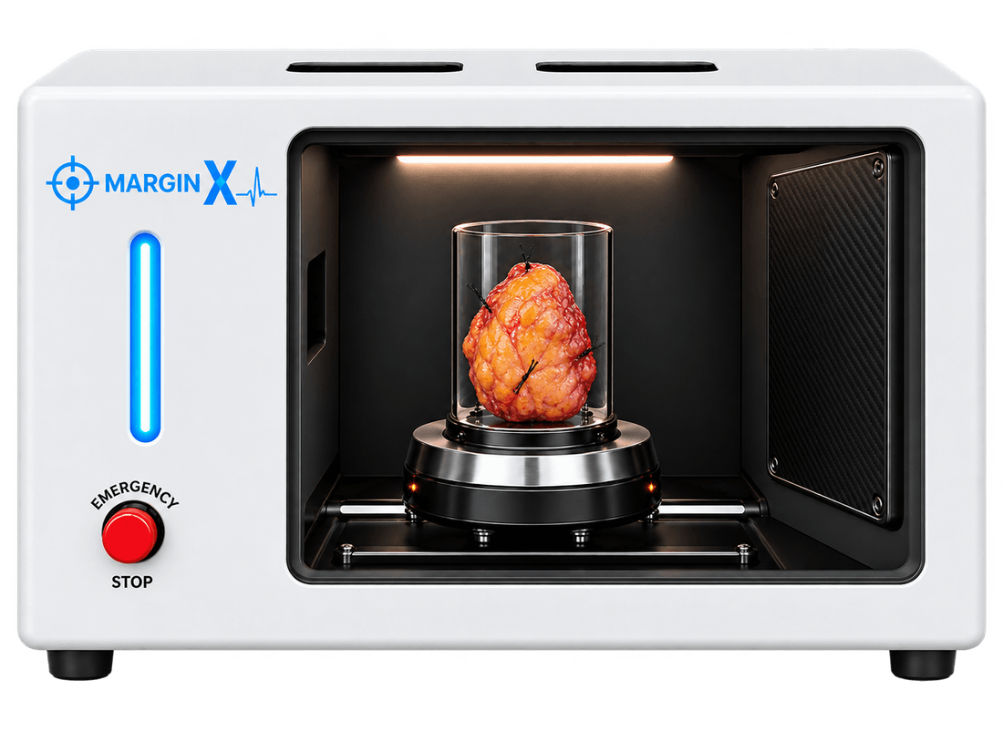 Concept render of the MarginX portable specimen CT scanner, front view, with a specimen positioned inside the scan chamber