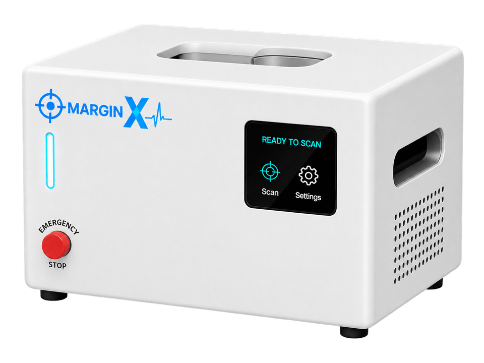 Concept render of the MarginX portable specimen CT scanner, side-left view, showing the touchscreen control panel and emergency stop button