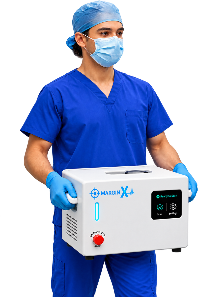 A clinician in surgical scrubs carrying the MarginX portable specimen CT scanner